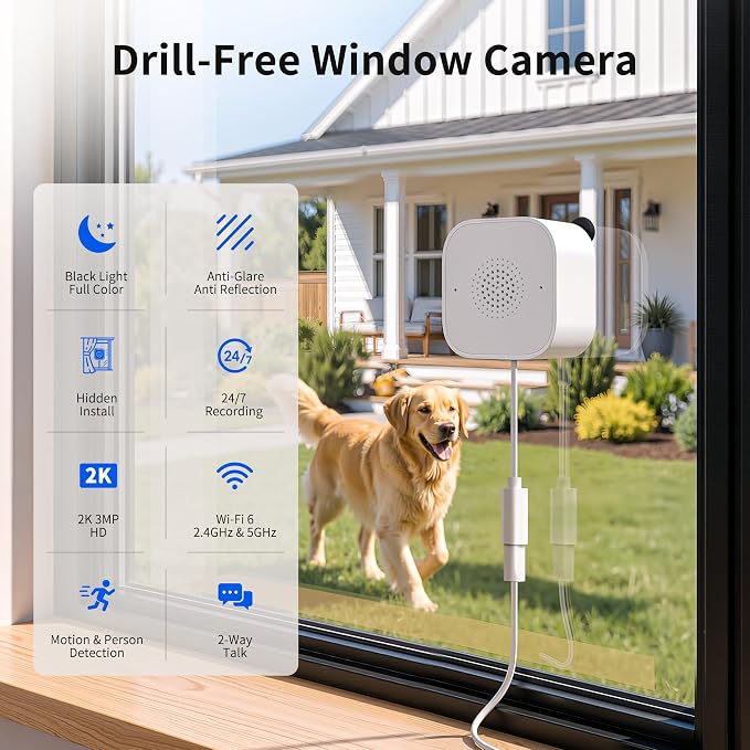 2K No-Drill Window Camera, WiFi Window Cameras for Home Security, 2 Pack