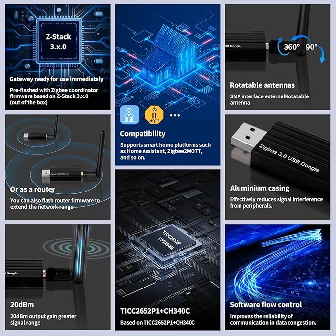 Haozee Zigbee Gateway, A Universal Gateway Dongle Plus, TICC2652P1+CH340C Zigbee USB Flash Drive Coordinator for ZHA in Home Assistant or Zigbee2MQTT, Open HAB etc.