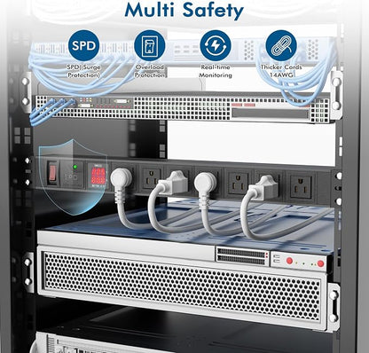 Metered PDU 19 Inch, 7 Outlets Rack Mount Power Strip PDU, SPD, 125V 15A 1U Rackmount Surge Protector Power Strip with OLED Screen Amp Voltage Power Display