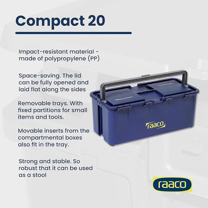 Raaco Tool Box with Removable Trays - 66 lb Load Capacity (Compact 20) | Durable Plastic Polypropylene (PP) Organizer with Handle, Stackable & Lockable, 66 lb Load Capacity (Compact 20)
