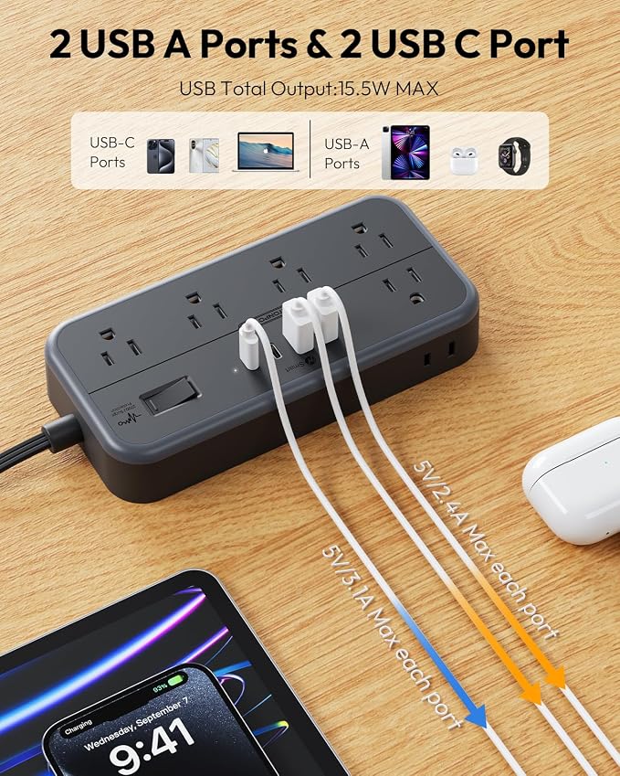 NTONPOWER 25 FT Extension Cord 10 Widely Spaced Outlets, 4 USB Port(2 USB C Port), Ultra Thin Flat Plug Extension Cords 25 Feet, Long Extension Cord for Home Office Garage, Black
