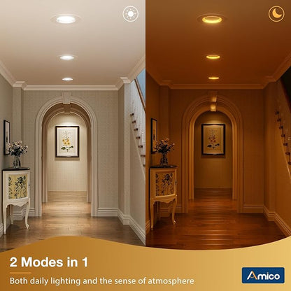 Amico 12 Pack 6 inch 5CCT LED Recessed Lighting with Night Light, 12.5W=100W, 1000LM Can Lights with Baffle Trim, Dimmable, Retrofit Downlight, 2700K/3000K/3500K/4000K/5000K Selectable - ETL & FCC