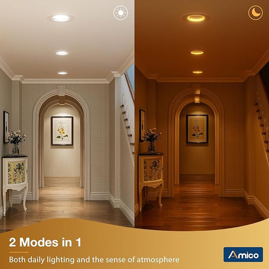 Amico 12 Pack 6 inch 5CCT LED Recessed Lighting with Night Light, 12.5W=100W, 1000LM Can Lights with Baffle Trim, Dimmable, Retrofit Downlight, 2700K/3000K/3500K/4000K/5000K Selectable - ETL & FCC