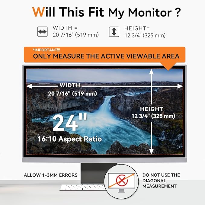 Mamol 24 Inch Computer Privacy Screen Filter for 16:10 Widescreen Monitor, Anti Glare & Blue Light Filter, Removable Anti-Scratch Screen Protector Film 24 in