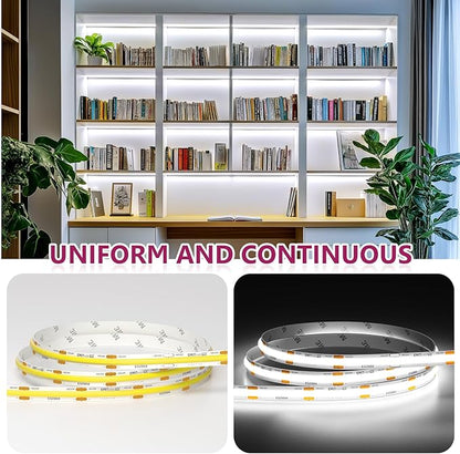 EMITEVER COB LED Strip Lights White, 5000K Tape Light Premium High Density, DC 24V, 360+Lumens/ft, 5120LEDs/Spool, Ra 90+, 32.8ft/10m, UL Listed 5 Year After-Service(Power Supply Sold Separately)