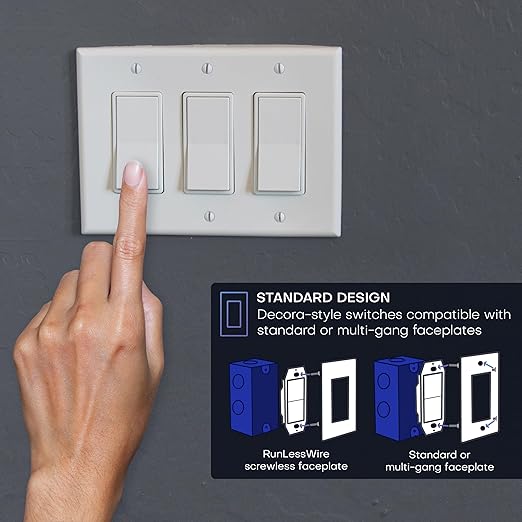 RunLessWire Single Pole Battery-Free DIY Wireless Light Switch Kit 150ft RF Range Self-Powered by Kinetic Energy for Fixtures & Outlets : 1 Remote Switch Controls 1 5A On/Off Receiver White