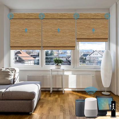 Motorized Roman Shades with Remote,Wooden Blinds Compatible with Alexa/Google/Apple Homekit,Natural Woven Wood Blinds,Customized Size,Crocheting Dark Brown
