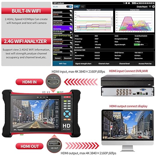 Rsrteng X7-ADHS CCTV Camera Tester 8K 32MP IP Camera Test 7-inch IPS Touch Screen Monitor CCTV Tester with HD TVI/CVI/AHD/SDI/CVBS/Support POE WiFi HD 8GB TF Card