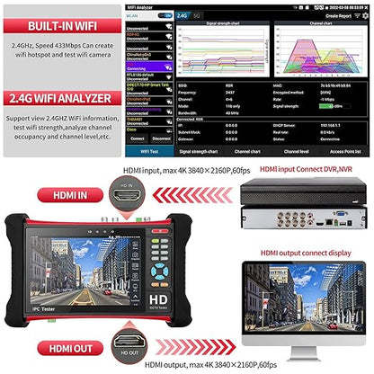 Rsrteng X7-ADHS CCTV Camera Tester 8K 32MP IP Camera Test 7-inch IPS Touch Screen Monitor CCTV Tester with HD TVI/CVI/AHD/SDI/CVBS/Support POE WiFi HD 8GB TF Card