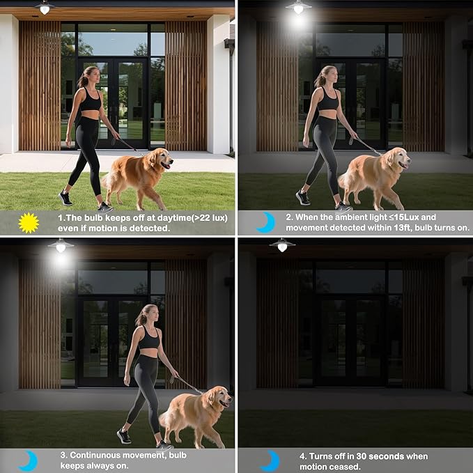 Motion Sensor LED Bulbs 12W (100W Equivalent) - Auto On/Off Dusk to Dawn Security Lighting, 5000K Daylight, Energy-Saving Indoor Outdoor Bulbs for Porch, Stairs, Hallway (2-Pack)