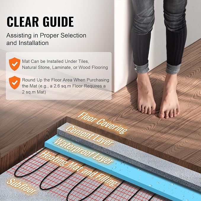 VEVOR Floor Heating Mat,100Sq.ft. 14℉-113℉ Electric Radiant Floor Heated Warm System with Digital Floor Sensing Thermostat, 110-120V Includes Installation Monitor, Adhesive Back for Easy Installation
