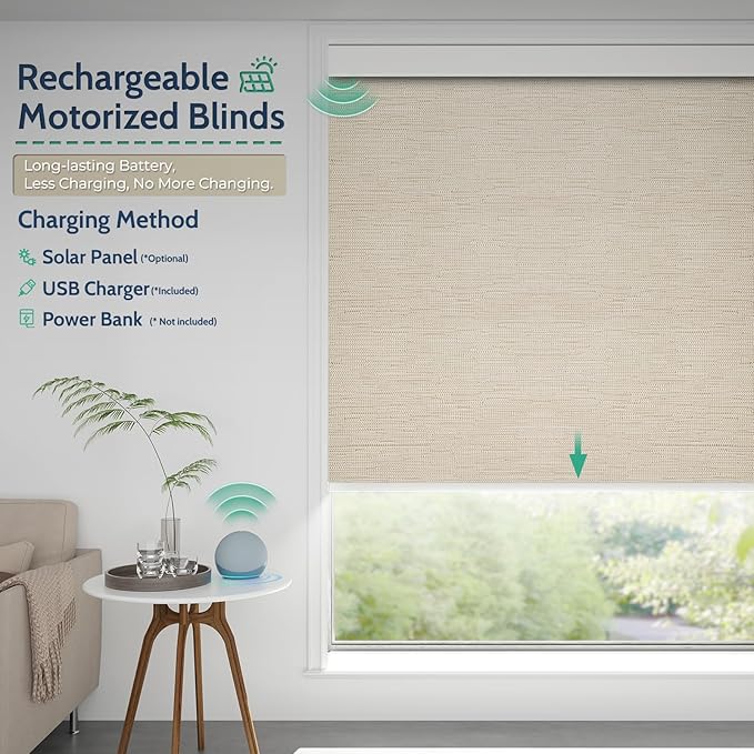 Motorized Blinds with Remote, Blackout Rechargeable Automatic Roller Shades, Cordless Smart Blinds Compatible with Alexa via Hub, Custom Blinds for Indoor Windows, Moon River Cream