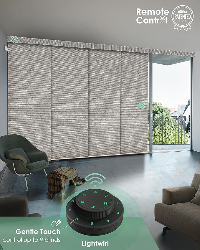 Yoolax Custom XL Smart Sliding Door Blinds, Motorized Sliding Panel Blinds Compatible with Alexa, Blackout Vertical Blinds for Glass Doors, Patio Doors, Closet Doors, Wood Stripe Brown