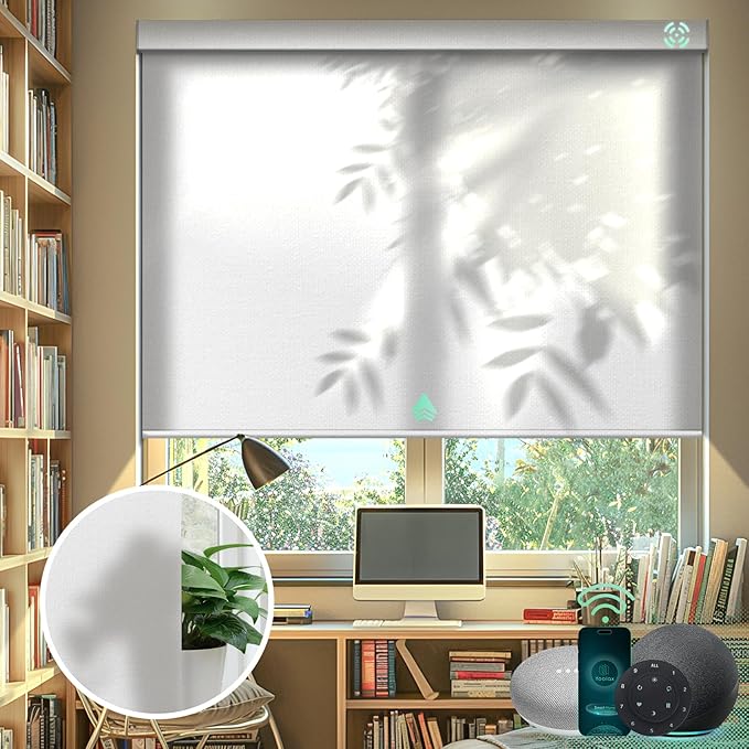 Yoolax Motorized Blinds with Remote, Light Filtering Smart Blinds Work with Alexa, Google, Automatic Roller Shades for Windows, Custom Electric Shades for Living Room Office (Pure White)