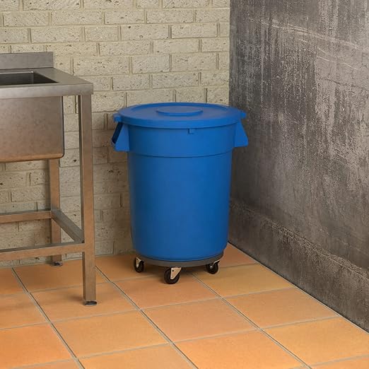 32 Gallon Blue Round Commercial Trash Can with Lid and Dolly, Heavy-Duty Food Grade NSF Certified, Perfect for Restaurant, Office, School, Garage, Backyard, Workshop, Warehouse