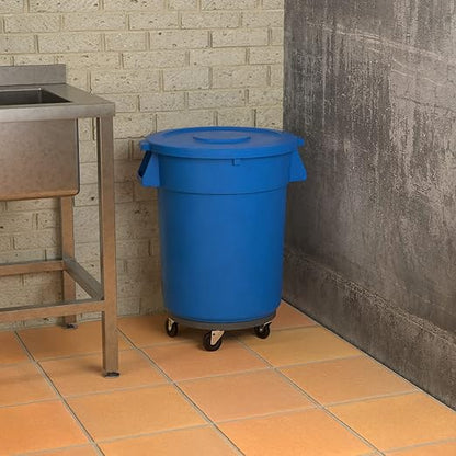 32 Gallon Blue Round Commercial Trash Can with Lid and Dolly, Heavy-Duty Food Grade NSF Certified, Perfect for Restaurant, Office, School, Garage, Backyard, Workshop, Warehouse