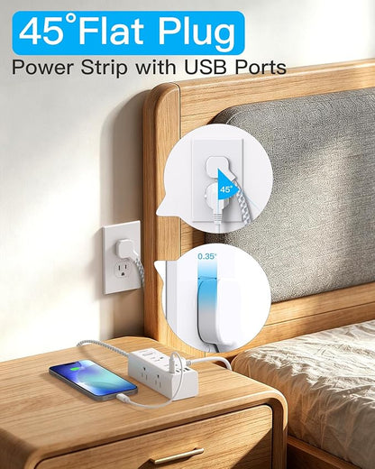 Flat Plug Extension Cord 15Ft, One Beat Surge Protector Power Strip 15 Ft Cord with 6 Widely Outlets 4 USB Ports (2 USB C), 3 Way Wall Outlet Extender Extension Cord for Home Office College Dorm Room