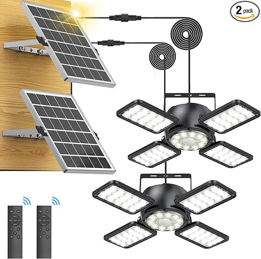 Solar Shed Light Outdoor Indoor Upgrade 1200LM 174LED 4 and 1 Heads Motion Sensor Pendant Light Daytime Work Light with 5 Lighting Modes Remote Control IP65 Waterproof for Barn Gazebo Shop 2 Pack