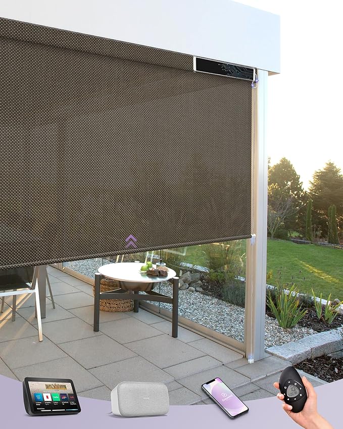 Graywind Motorized Outdoor Shades for Patio - Work with Alexa & Google - Solar Powered Electric Roller Shades - Custom Size (3% Openness Chocolate)