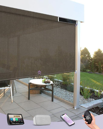 Graywind Motorized Outdoor Shades for Patio - Work with Alexa & Google - Solar Powered Electric Roller Shades - Custom Size (3% Openness Chocolate)