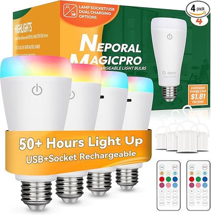 Neporal MAGIXPRO Smart Rechargeable Light Bulbs with Remote, USB+Socket Rechargeable Battery Operated Light Bulb, 2 Hrs Fast Charging Last 5-52 Hrs, 9+3 Colors, 4 Pack (MagixPro RGB, 4)