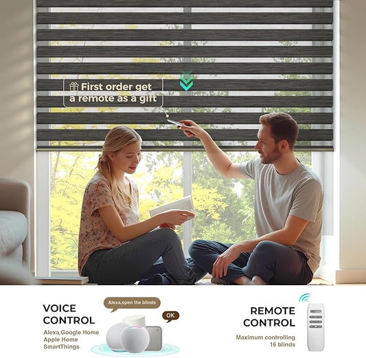 HeyBlinds Motorized Zebra Blinds with Remote, Smart Cordless Electric Zebra Shades for Indoor Windows Compatible with Alexa Google & Homekit, Custom Size (Gentleman-Coffee BO)