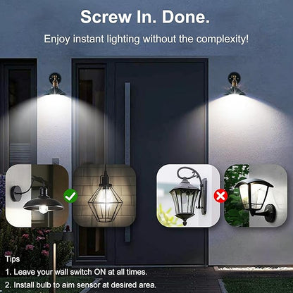 Boxlood LED Motion Sensor Light Bulbs Outdoor Indoor, 12W(100W Equivalent) A19 E26 Motion Activated Dusk to Dawn Ampoule Exterieur, 6000K Cool White for Porch Garage Basement Hallway Stairs, 2 Pack