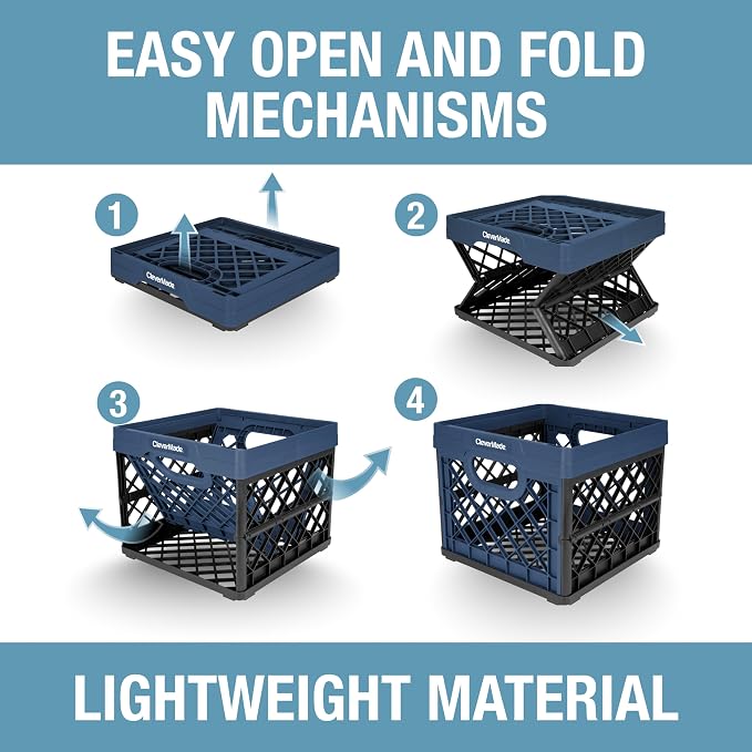 CleverMade Collapsible Milk Crate (EcoCrate) - 25L - Ocean (3PK) | Organize Files, Groceries, and Gear in One Crate | Built-In Rails Hold Letter Folders, While the Frame Stacks Securely