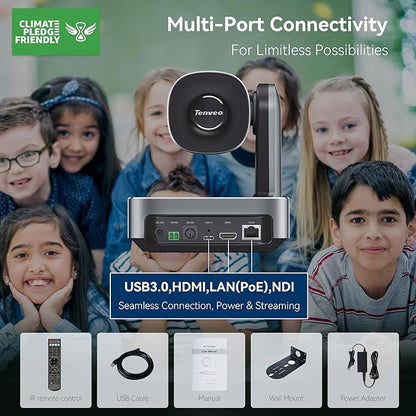 Tenveo 4K NDI PTZ Camera, AI Humanoid & Face Auto-Tracking, 12X Optical Zoom Wide Angle, USB3.0/HDMI/LAN PoE IP Live Streaming for Church Worship Video Conference Broadcast Events YouTube OBS vMix