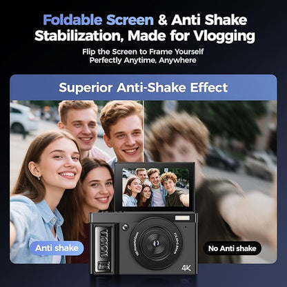 Digital Camera 4K for Photography - 64MP Cameras for Video - 180°Flip Screen Compact Cámara - 16X Zoom Photo Camera Gifts for Teens Ages 8-18 - Point and Shoot Digital Cameras for YouTube Vlogging