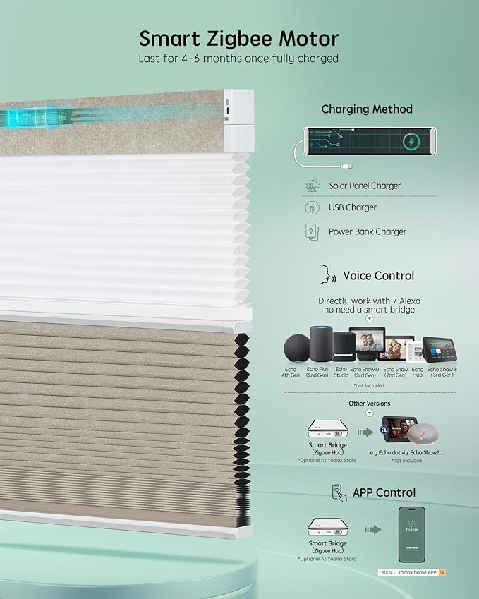 Yoolax Smart Motorized Day and Night Cellular Shades with Remote, Top Down Bottom Up Blinds Compatible with Alexa, Blackout and Light Filtering Honeycomb Blinds (Light Coffee)