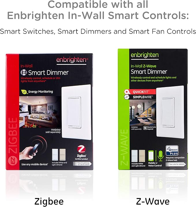 Enbrighten Add QuickFit and SimpleWire, Z-Wave/Zigbee Smart Controls, Compatible with Alexa, Google Assistant, NOT A STANDALONE Switch, Light Almond Toggle, 12732, White
