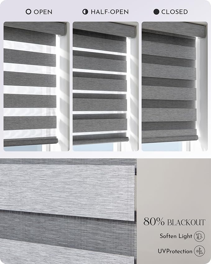 Graywind Motorized Zebra Blinds for Windows, Blackout Smart Blinds with Remote Control, Dual Layer Custom Zebra Shades Work with Alexa, Google Home, Apple Homekit, Classic Grey