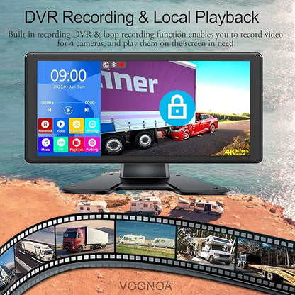 4K RV Backup Camera System 10.36" Quad Split Touch Screen Monitor with 4 1080P Rear Side View Camera, DVR Recording Bluetooth MP3 MP5 IP69 Waterproof Night Vision for RV Truck Trailer Tractor