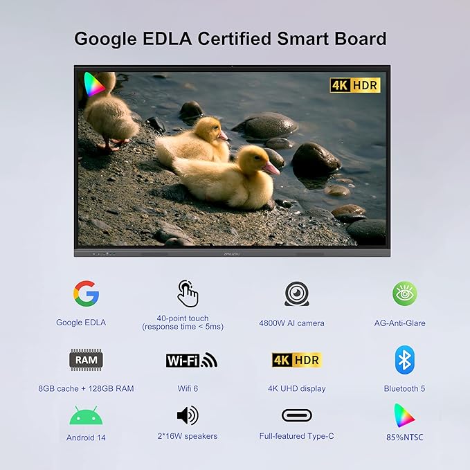 75" 4K Smart Board,Google EDLA Certified with 50MP AI Camera,40-Point Touch Digital Whiteboard,Android 14, 8+128GB,SmartBoard for Classroom Office Home（Wall Mount Included） (75 Inch)