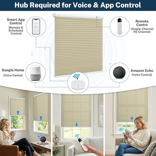 Motorized No Drill Cordless Cellular Shades, 1.5" Smart Electric Honeycomb Blind with Remote Control, Automatic No Drill Cellular Shades for Home and Office Indoor Window, Light Filtering Beige