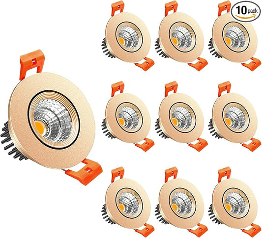 LightingWill 2inch LED Dimmable Downlight, 3W COB Recessed Ceiling Light, Daylight White 5500K-6000K, CRI80, 25W Halogen Bulbs Equivalent, Gold (10 Pack)