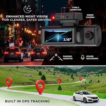 DS18 Eagle-F3 4K Dash Cam Triple Front Cabin and Rear, WiFi GPS Dash Cam with Night Vision, 24/7 Parking Mode, G-Sensor, Loop Recording, Includes 64GB microSD Card