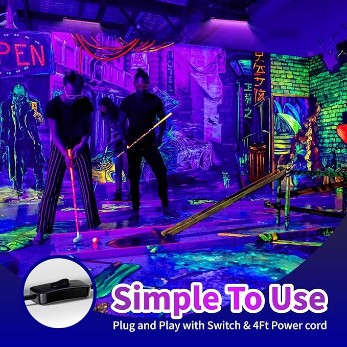 50W LED Black Light, 385nm UV Light Bar with Plug & Switch, IP66 Waterproof Blacklights for Glow Parties, Neon Decor, Halloween, Stage Lighting (4 Packs)