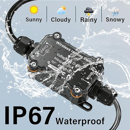 DC 12V 24V 48V Wireless Remote Control Switch,433MHz RF Relay Switch 20A Heavy Duty,IP67 Waterproof Receiver,164Ft Long Range Control for RV,Marine,Solar,Water Pump,Lights, Fans