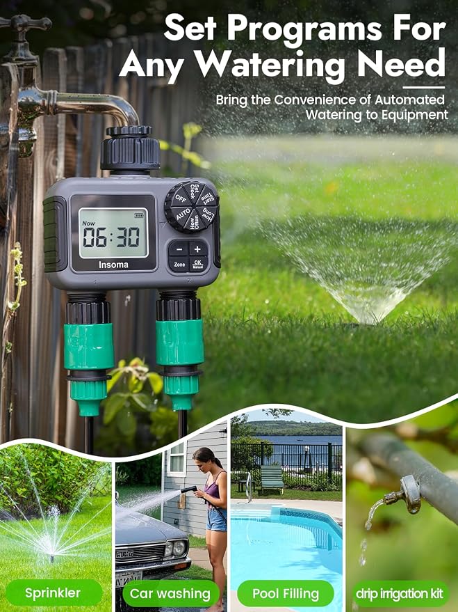 Insoma 2 Zone Water Timer, Programmable Irrigation Sprinkler Timer for Garden Hose, Outdoor Hose Faucet Timers with Rain Delay/Manual/Auto Modes, IPX5 Waterproof for Drip System & Lawn