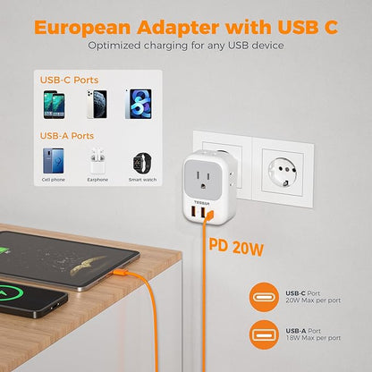 TESSAN European Travel Plug Adapter 2 Pack, Type C Foldable Plug