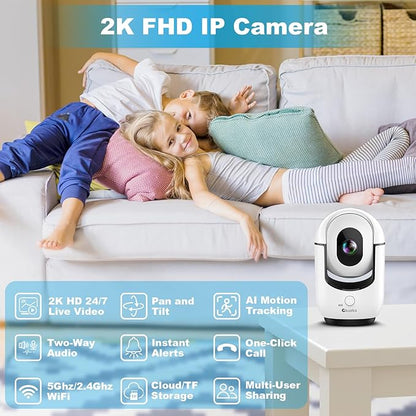 Cloarks 2K Indoor Camera, 5/2.4 GHz WiFi Pan/Tilt Security Camera with AI Motion Detection, One-Click Call for Baby Monitor, Wired Pet Camera with 2-Way Audio, 24/7, Siren Alarm, TF/Cloud Storage