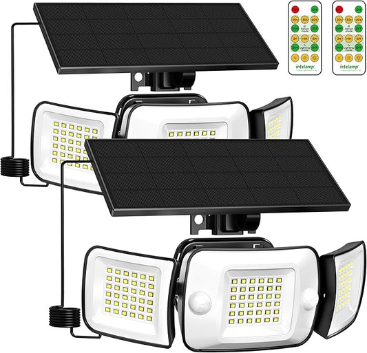 intelamp Solar Flood Lights Outdoor Waterproof, 2 Pack 6000mAh 1200LM Solar Powered Dual Motion Sensor LED Lighting Dusk to Dawn Security Floodlight Exterior with Remote 9.8ft Cable for Garden House