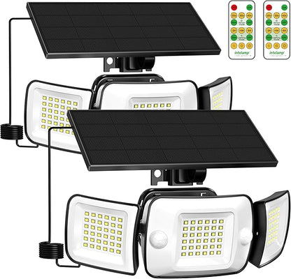 intelamp Solar Flood Lights Outdoor Waterproof, 2 Pack 6000mAh 1200LM Solar Powered Dual Motion Sensor LED Lighting Dusk to Dawn Security Floodlight Exterior with Remote 9.8ft Cable for Garden House