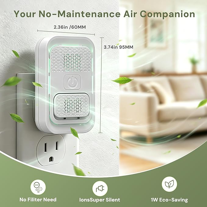 Plug in Air Purifiers for Home - High-Density Ionic Air Purifiers for Bedroom, Bathroom, Kitchen - Negative Ion Generator Odor Eliminator for Pets, Smoke, Dust, Smell - No Filter, White (4-Pack)