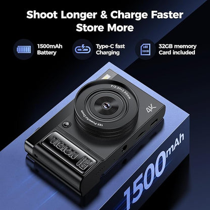Digital Camera 4K for Photography - 64MP Cameras for Video - 180°Flip Screen Compact Cámara - 16X Zoom Photo Camera Gifts for Teens Ages 8-18 - Point and Shoot Digital Cameras for YouTube Vlogging