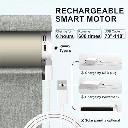 BERISSA Smart Motorized Blinds with Remote,No Drill Automatic Roller Blinds for Indoor Windows,Blackout Linen Fabric,Electric Shades for Windows Home Office,Linen Grey,Custom Size