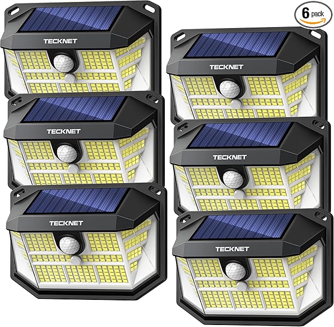 TECKNET 231 LED Solar Motion Lights Outdoor, 300° Angle & 3 Lighting Modes, PIR Motion Sensor & IP65 Security Solar Wall Lights for Fence Front Door Yard Deck Garden Garage(6 Pack-Cool Light)