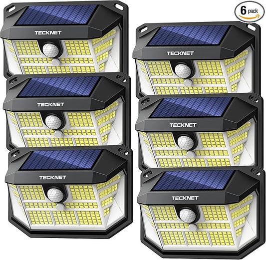 TECKNET 231 LED Solar Motion Lights Outdoor, 300° Angle & 3 Lighting Modes, PIR Motion Sensor & IP65 Security Solar Wall Lights for Fence Front Door Yard Deck Garden Garage(6 Pack-Cool Light)